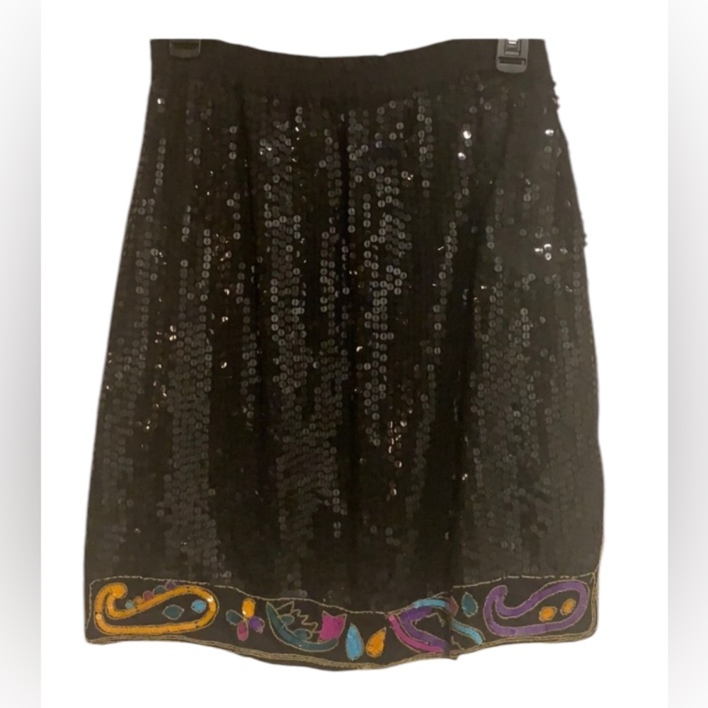 100% Silk Black Sequin Party Skirt All over Sequins & colorful hemline by CeeCee